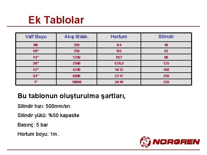 Ek Tablolar Valf Boyu Akış lt/dak. Hortum Silindir M 5 250 6/4 40 1/8”