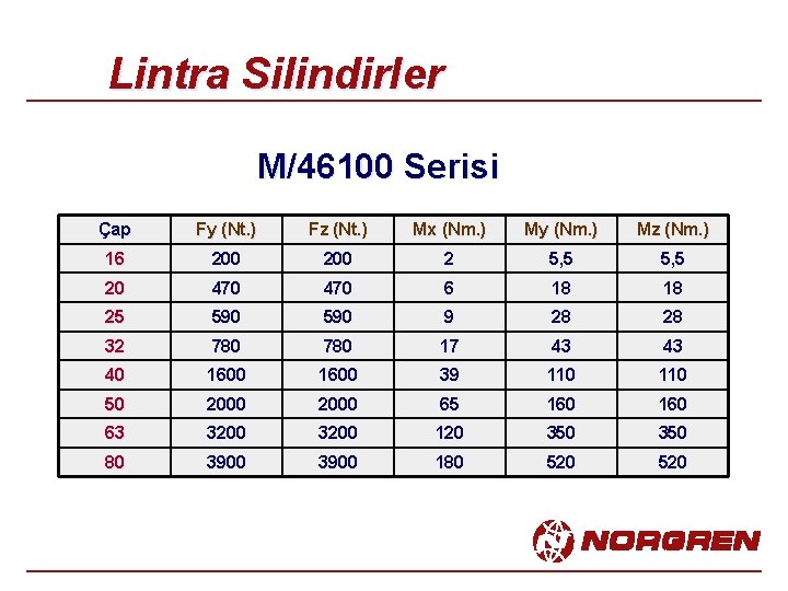 Lintra Silindirler M/46100 Serisi Çap Fy (Nt. ) Fz (Nt. ) Mx (Nm. )