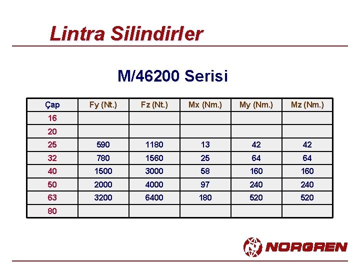 Lintra Silindirler M/46200 Serisi Çap Fy (Nt. ) Fz (Nt. ) Mx (Nm. )