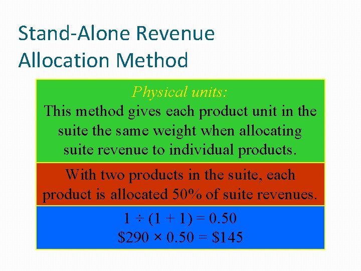 Stand-Alone Revenue Allocation Method Physical units: This method gives each product unit in the