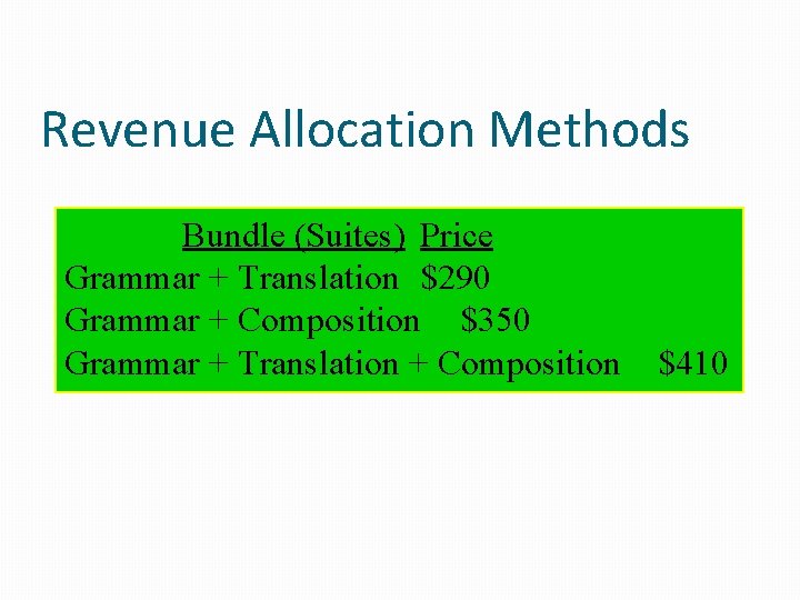 Revenue Allocation Methods Bundle (Suites) Price Grammar + Translation $290 Grammar + Composition $350