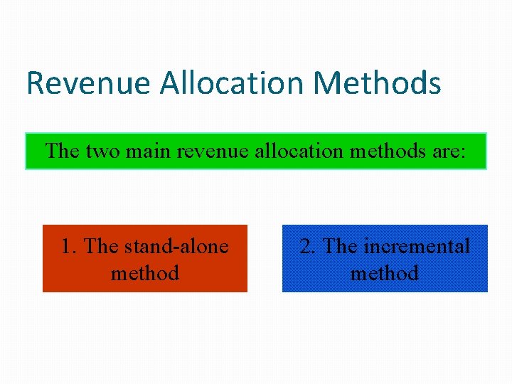 Revenue Allocation Methods The two main revenue allocation methods are: 1. The stand-alone method