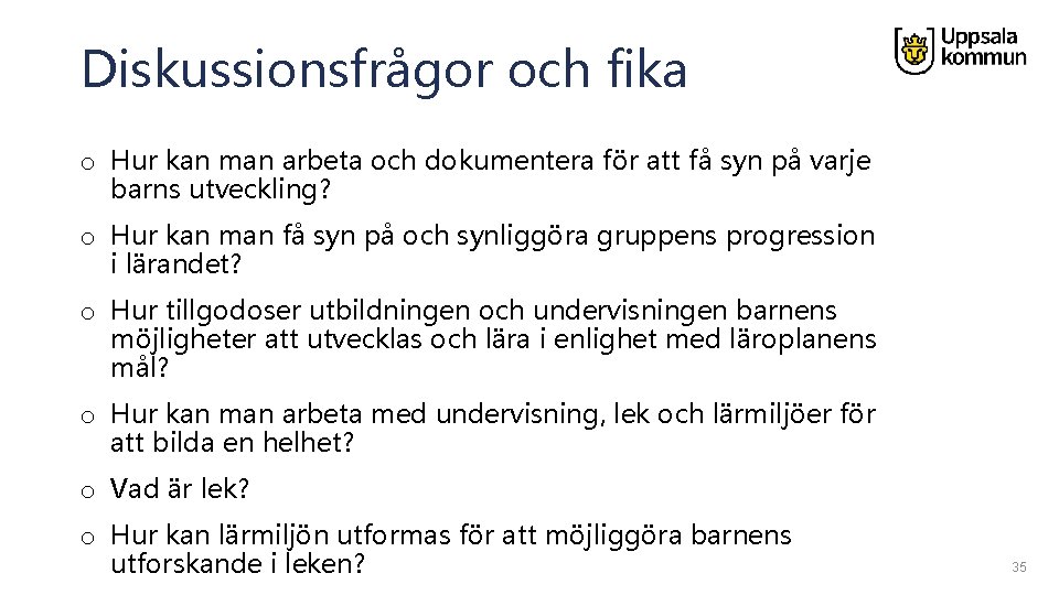 Diskussionsfrågor och fika o Hur kan man arbeta och dokumentera för att få syn