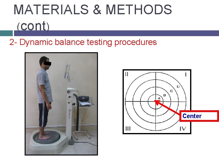 MATERIALS & METHODS (cont) 2 - Dynamic balance testing procedures Center 