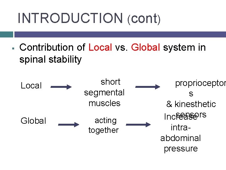 INTRODUCTION (cont) § Contribution of Local vs. Global system in spinal stability Local short