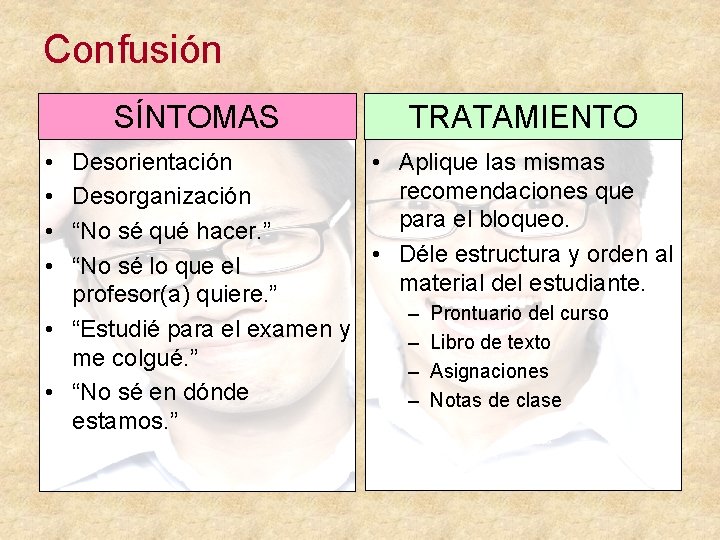 Confusión SÍNTOMAS TRATAMIENTO • Aplique las mismas Desorientación recomendaciones que Desorganización para el bloqueo.