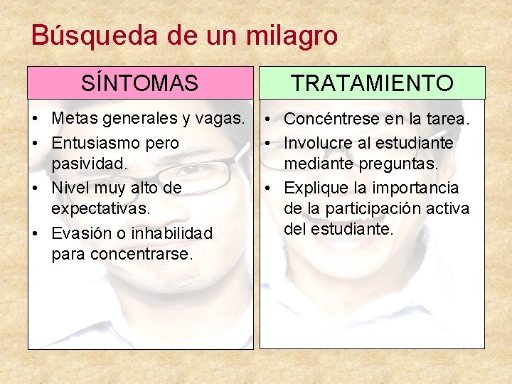 Búsqueda de un milagro SÍNTOMAS TRATAMIENTO • Metas generales y vagas. • Entusiasmo pero