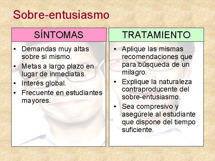 Sobre-entusiasmo SÍNTOMAS TRATAMIENTO • Demandas muy altas sobre sí mismo. • Metas a largo