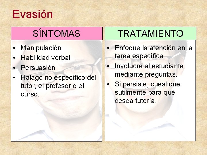 Evasión • • SÍNTOMAS TRATAMIENTO Manipulación Habilidad verbal Persuasión Halago no específico del tutor,