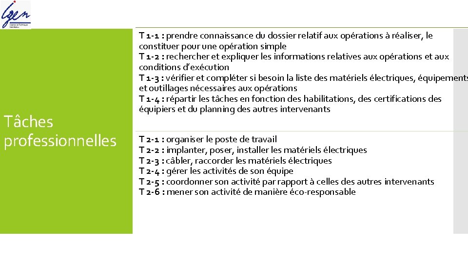 Tâches professionnelles T 1 -1 : prendre connaissance du dossier relatif aux opérations à