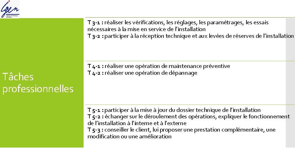 T 3 -1 : réaliser les vérifications, les réglages, les paramétrages, les essais nécessaires