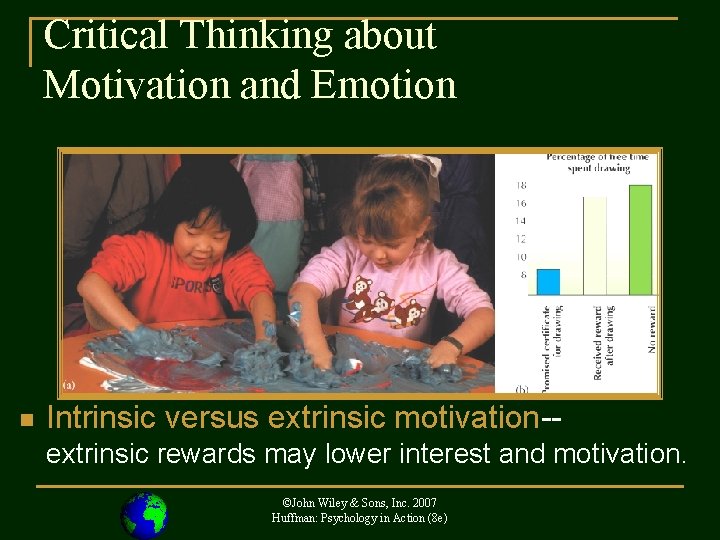 Critical Thinking about Motivation and Emotion n Intrinsic versus extrinsic motivation-extrinsic rewards may lower