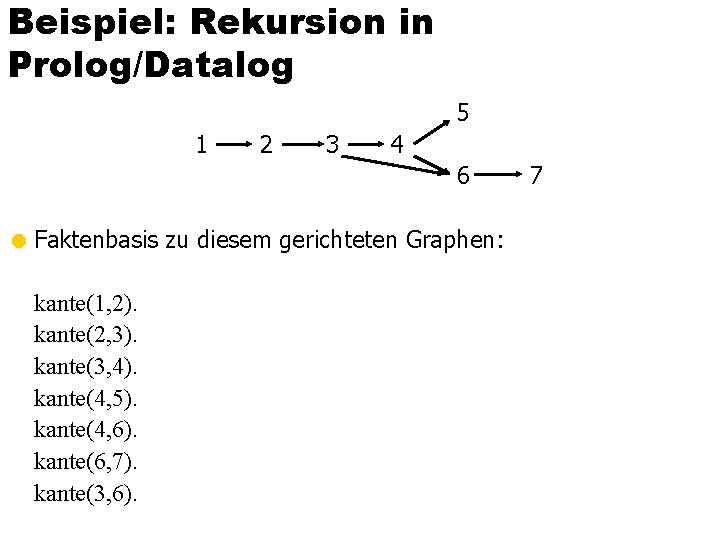 Beispiel: Rekursion in Prolog/Datalog 5 1 2 3 4 6 = Faktenbasis zu diesem