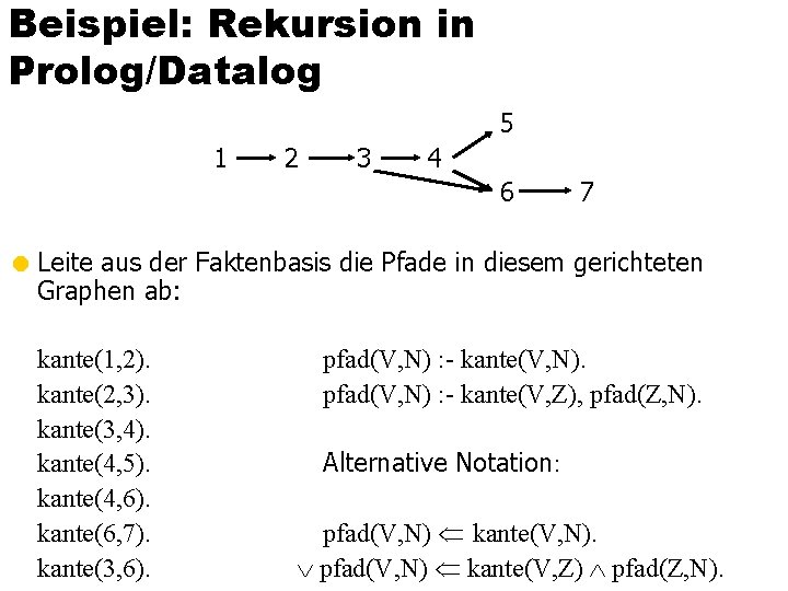 Beispiel: Rekursion in Prolog/Datalog 5 1 2 3 4 6 7 = Leite aus