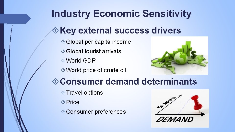Industry Economic Sensitivity Key external success drivers Global per capita income Global tourist arrivals