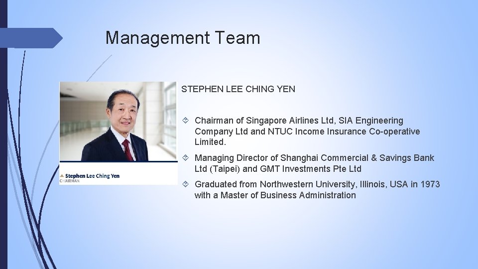 Management Team STEPHEN LEE CHING YEN Chairman of Singapore Airlines Ltd, SIA Engineering Company