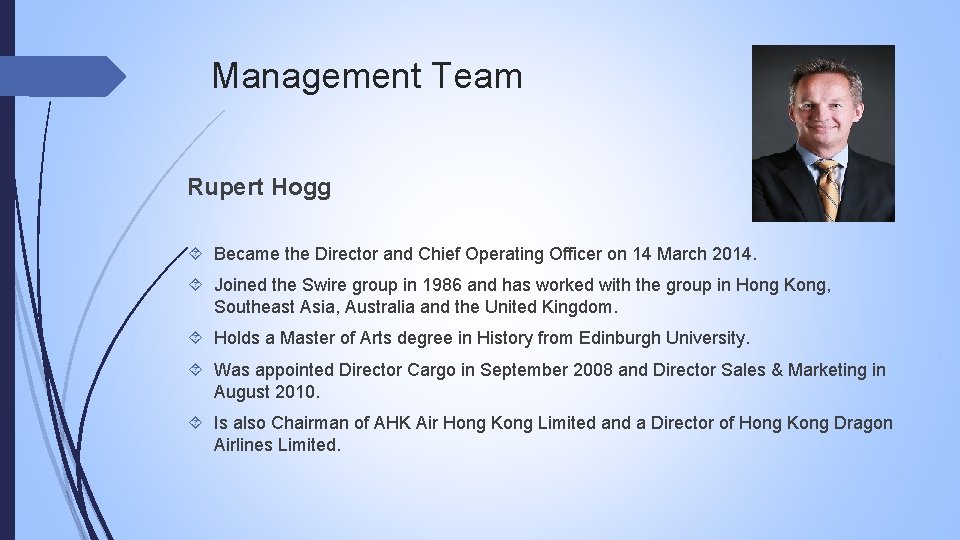 Management Team Rupert Hogg Became the Director and Chief Operating Officer on 14 March