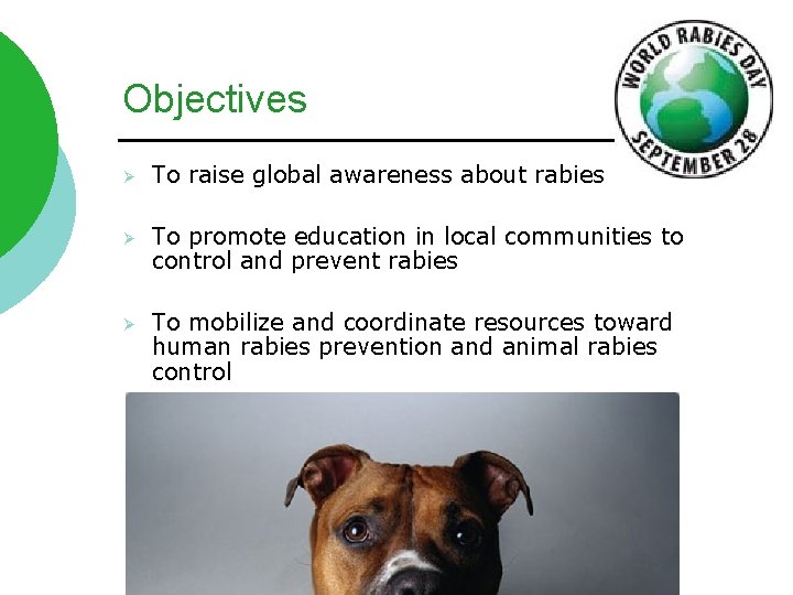 Objectives Ø To raise global awareness about rabies Ø To promote education in local