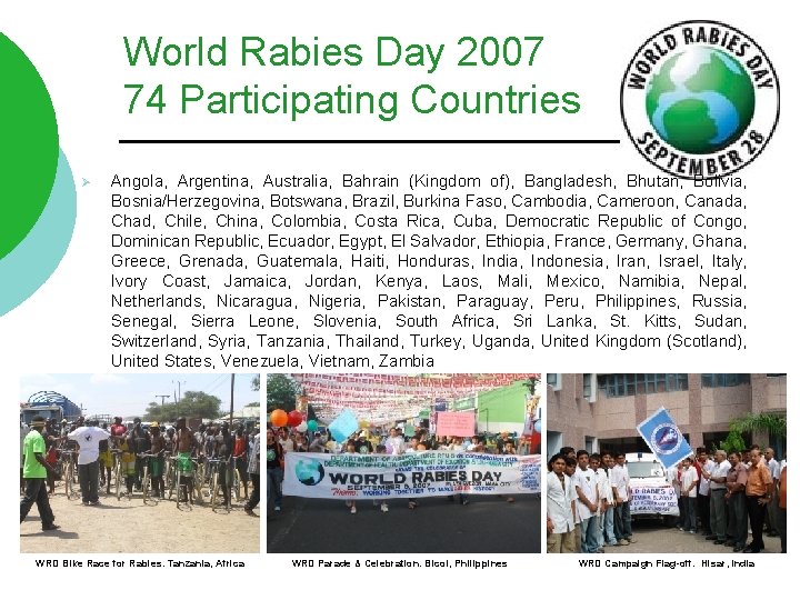 World Rabies Day 2007 74 Participating Countries Ø Angola, Argentina, Australia, Bahrain (Kingdom of),