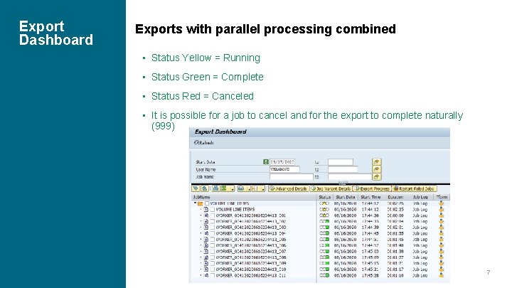Export Dashboard Exports with parallel processing combined • Status Yellow = Running • Status