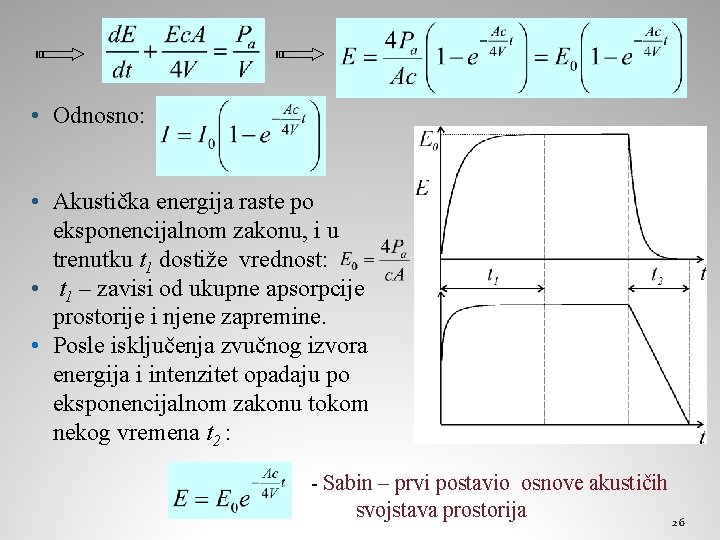  • Odnosno: • Akustička energija raste po eksponencijalnom zakonu, i u trenutku t