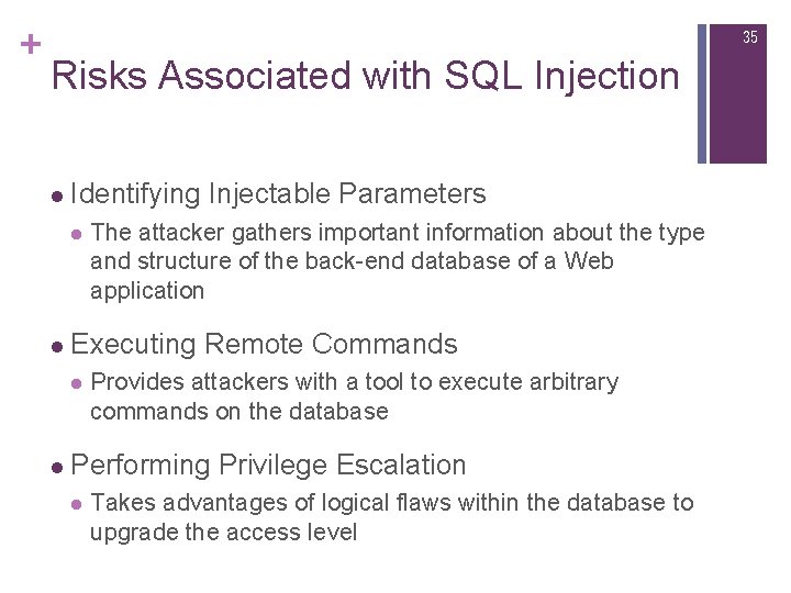 + 35 Risks Associated with SQL Injection l Identifying Injectable Parameters l The attacker + 35 Risks Associated with SQL Injection l Identifying Injectable Parameters l The attacker