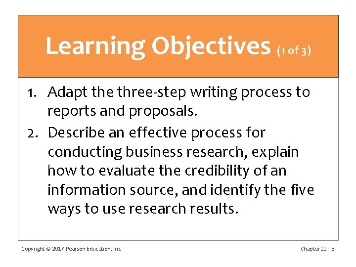 Learning Objectives (1 of 3) 1. Adapt the three-step writing process to reports and