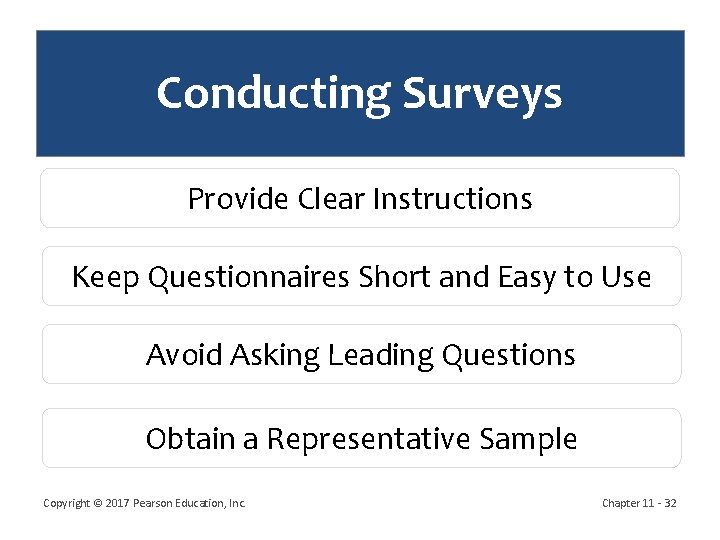 Conducting Surveys Provide Clear Instructions Keep Questionnaires Short and Easy to Use Avoid Asking