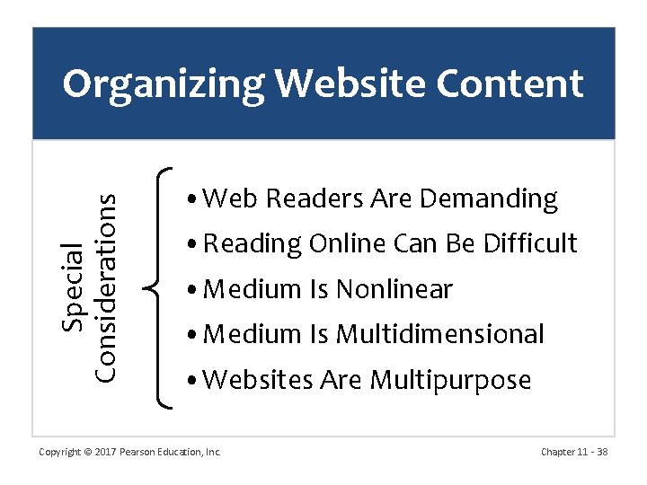 Special Considerations Organizing Website Content • Web Readers Are Demanding • Reading Online Can