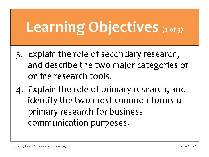 Learning Objectives (2 of 3) 3. Explain the role of secondary research, and describe