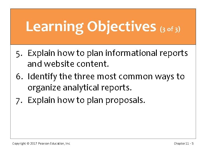 Learning Objectives (3 of 3) 5. Explain how to plan informational reports and website