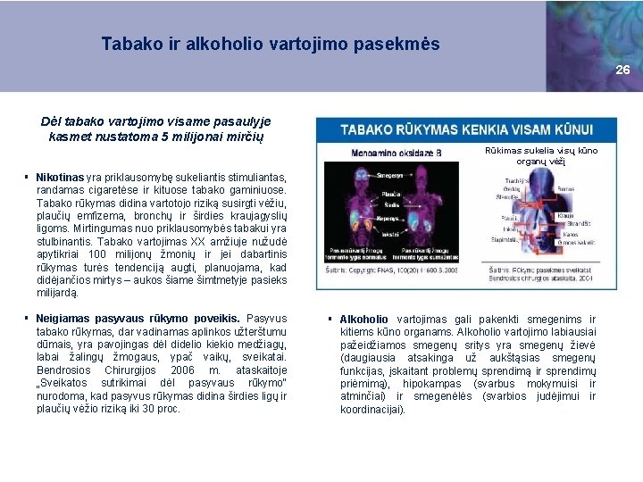 Tabako ir alkoholio vartojimo pasekmės 26 Dėl tabako vartojimo visame pasaulyje kasmet nustatoma 5