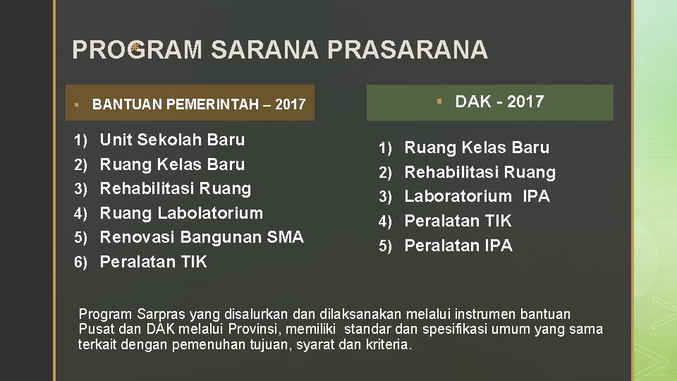 z PROGRAM SARANA PRASARANA § BANTUAN PEMERINTAH – 2017 1) Unit Sekolah Baru 2)