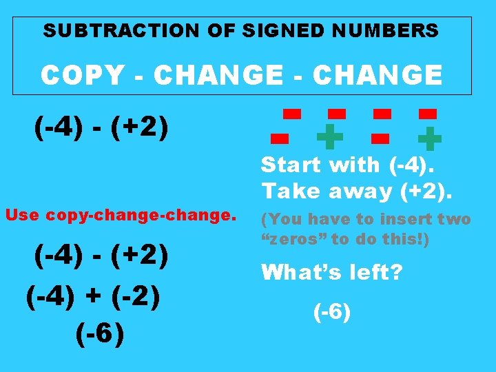 SUBTRACTION OF SIGNED NUMBERS COPY - CHANGE (-4) - (+2) Use copy-change. (-4) - SUBTRACTION OF SIGNED NUMBERS COPY - CHANGE (-4) - (+2) Use copy-change. (-4) -