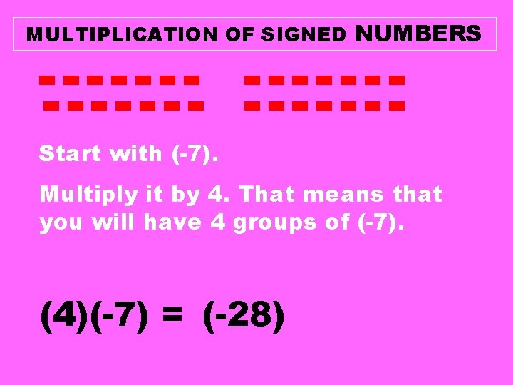 MULTIPLICATION OF SIGNED NUMBERS -- -- -- -- -Start with (-7). Multiply it by