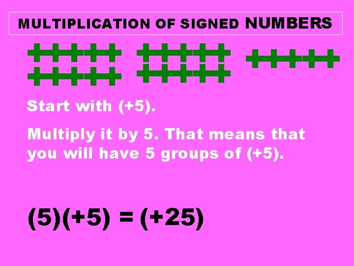 MULTIPLICATION OF SIGNED NUMBERS +++++ +++++ Start with (+5). Multiply it by 5. That MULTIPLICATION OF SIGNED NUMBERS +++++ +++++ Start with (+5). Multiply it by 5. That