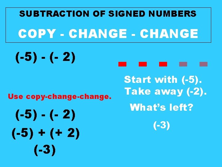SUBTRACTION OF SIGNED NUMBERS COPY - CHANGE (-5) - (- 2) Use copy-change. (-5) SUBTRACTION OF SIGNED NUMBERS COPY - CHANGE (-5) - (- 2) Use copy-change. (-5)