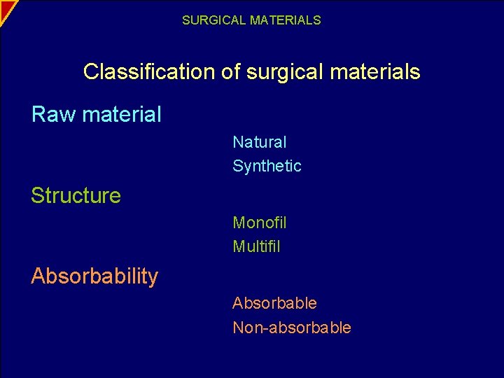 SURGICAL MATERIALS Classification of surgical materials Raw material Natural Synthetic Structure Monofil Multifil Absorbability