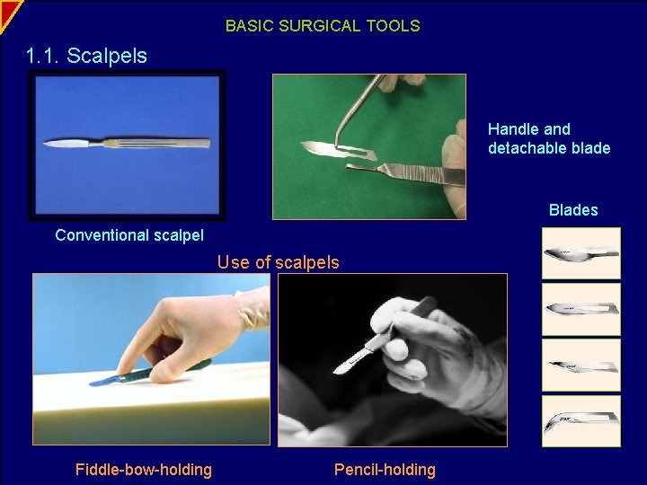 BASIC SURGICAL TOOLS 1. 1. Scalpels Handle and detachable blade Blades Conventional scalpel Use