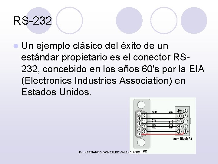 RS-232 l Un ejemplo clásico del éxito de un estándar propietario es el conector