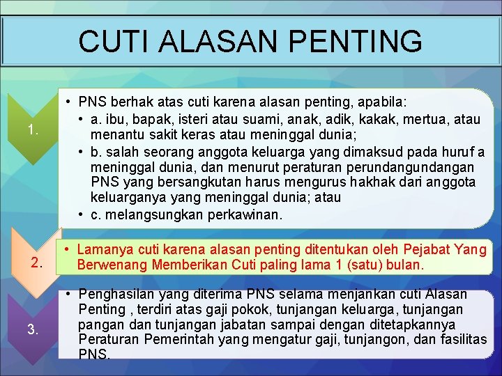 CUTI ALASAN PENTING 1. • PNS berhak atas cuti karena alasan penting, apabila: •