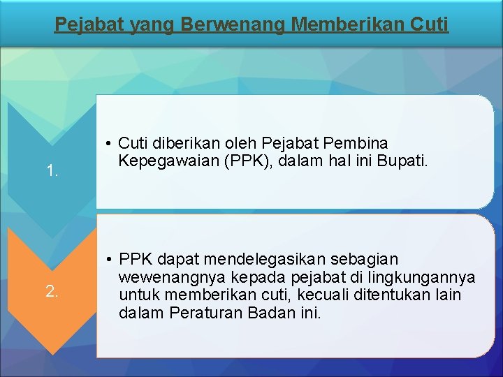 Pejabat yang Berwenang Memberikan Cuti 1. 2. • Cuti diberikan oleh Pejabat Pembina Kepegawaian