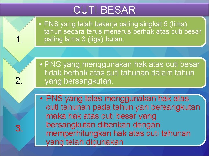 CUTI BESAR 1. • PNS yang telah bekerja paling singkat 5 (lima) tahun secara