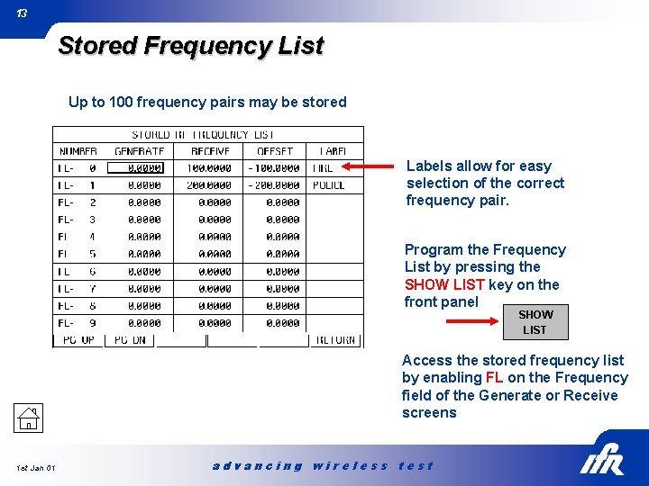 13 Stored Frequency List Up to 100 frequency pairs may be stored Labels allow