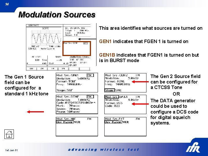 14 Modulation Sources This area identifies what sources are turned on GEN 1 indicates