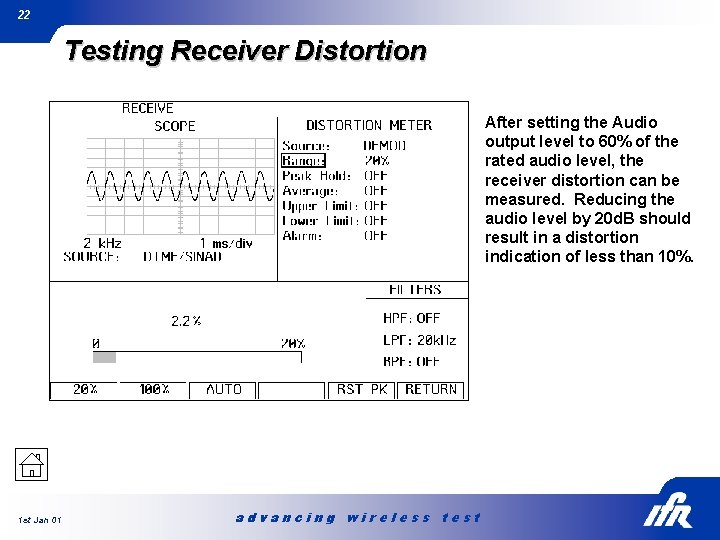 22 Testing Receiver Distortion After setting the Audio output level to 60% of the