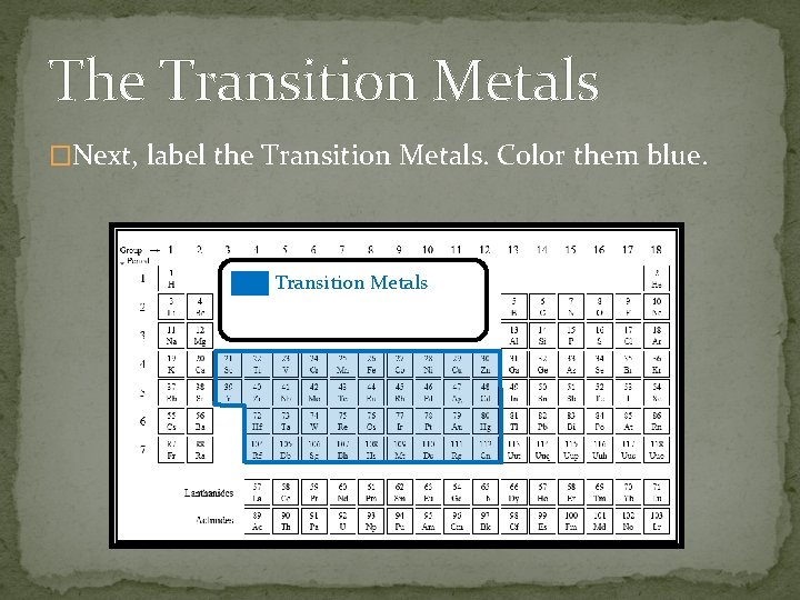 The Transition Metals �Next, label the Transition Metals. Color them blue. Transition Metals 