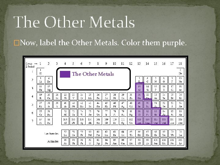 The Other Metals �Now, label the Other Metals. Color them purple. The Other Metals