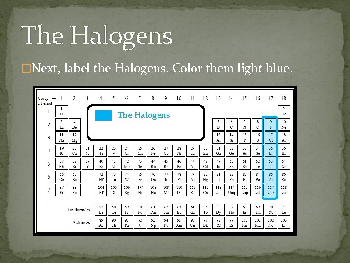 The Halogens �Next, label the Halogens. Color them light blue. The Halogens 