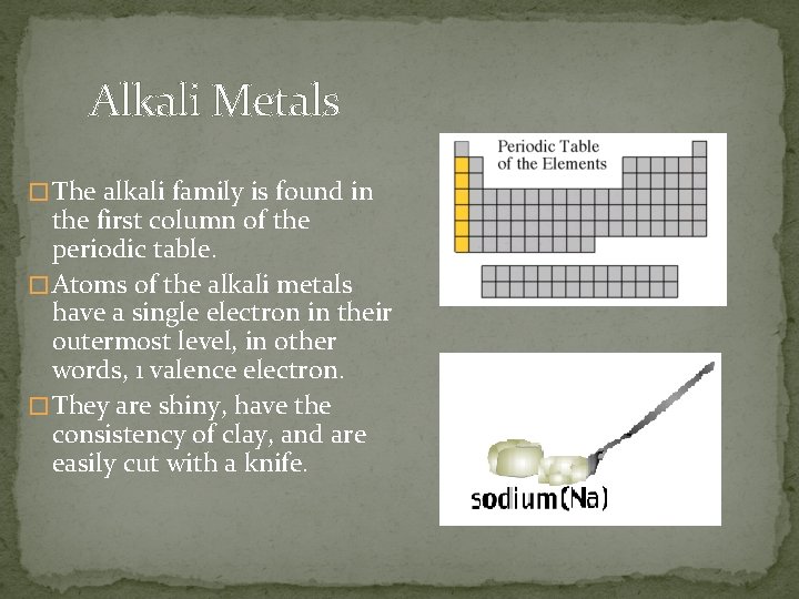 Alkali Metals � The alkali family is found in the first column of the